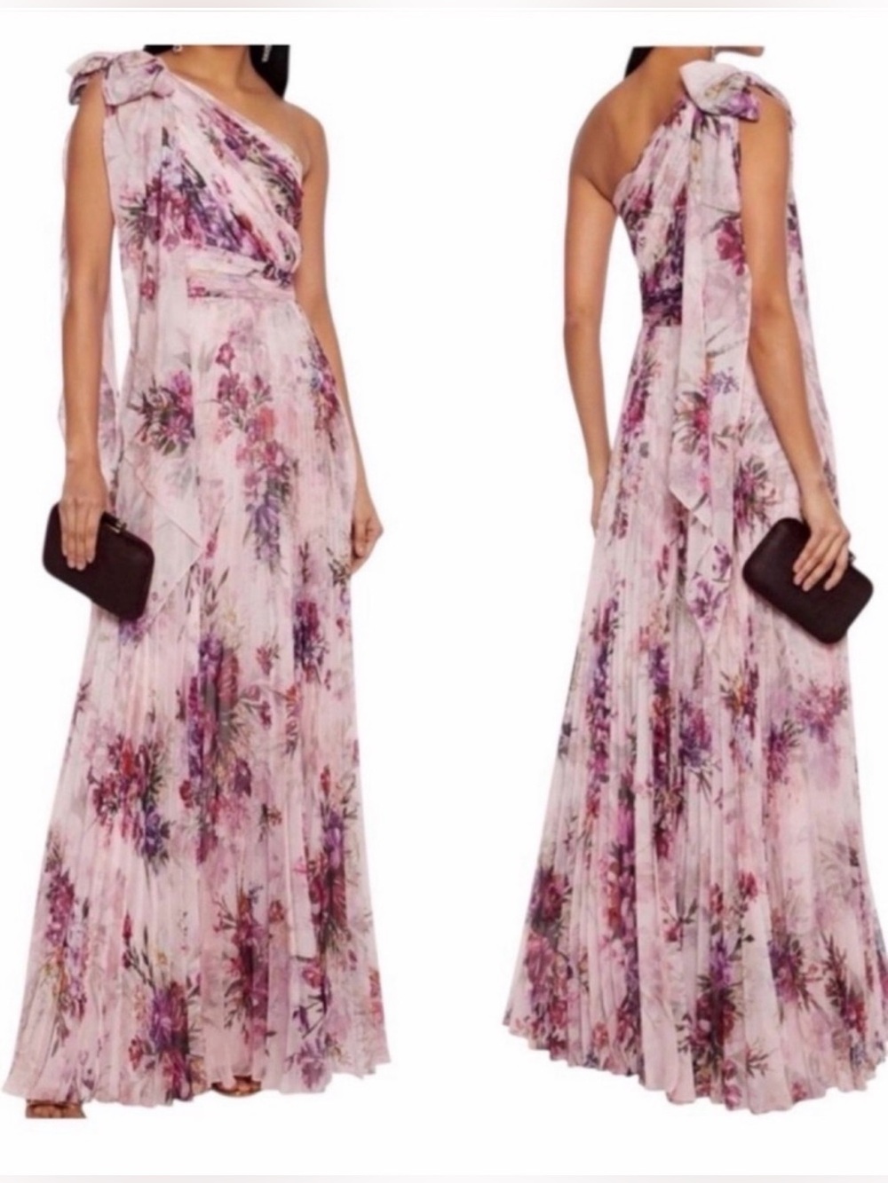 Marchesa Notte One-Shoulder Bow Floral-Print Chiffon Gown Women's 4 Blush Pink